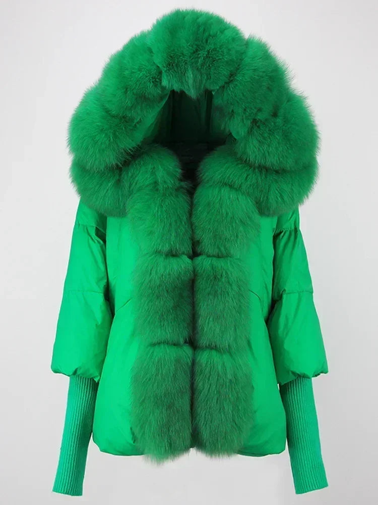 2024 Winter Puffer Jacket Women Real Fox Fur Collar Hooded Natural Thick Warm Loose Oversize Duck Down Coat Streetwear Outerwear