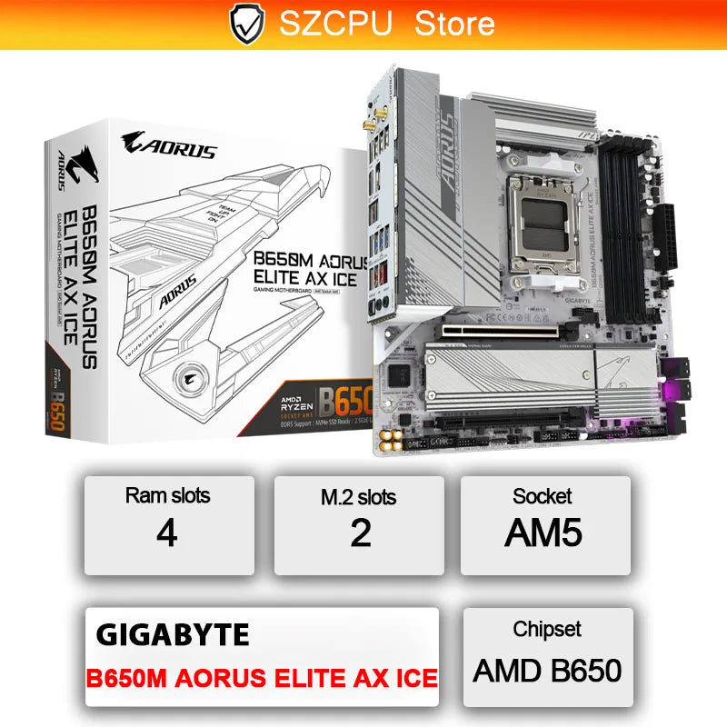 GIGABYTE New B650M AORUS ELITE AX ICE Micro-ATX AMD B650 DDR5 192GB DDR5 8000 (OC) MHz M.2 Wi-Fi 6E Socket AM5 Motherboard