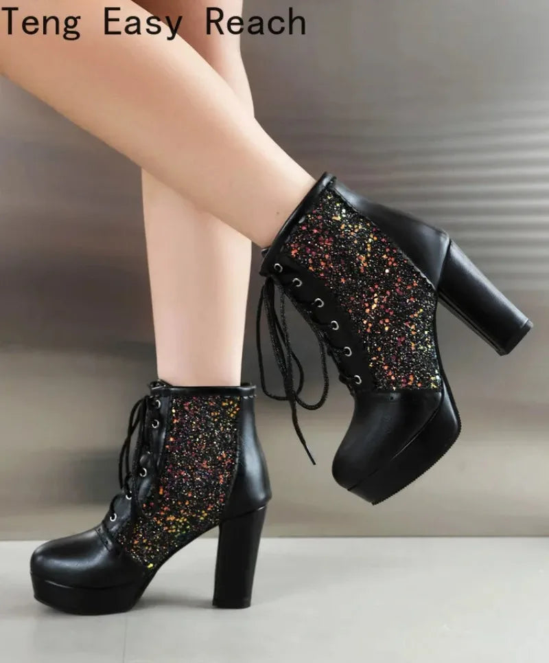 Autumn New Women Chunky High Heels Bling Party Ankle Chelsea Boots Gold Silver Red Black Big Size 34-48