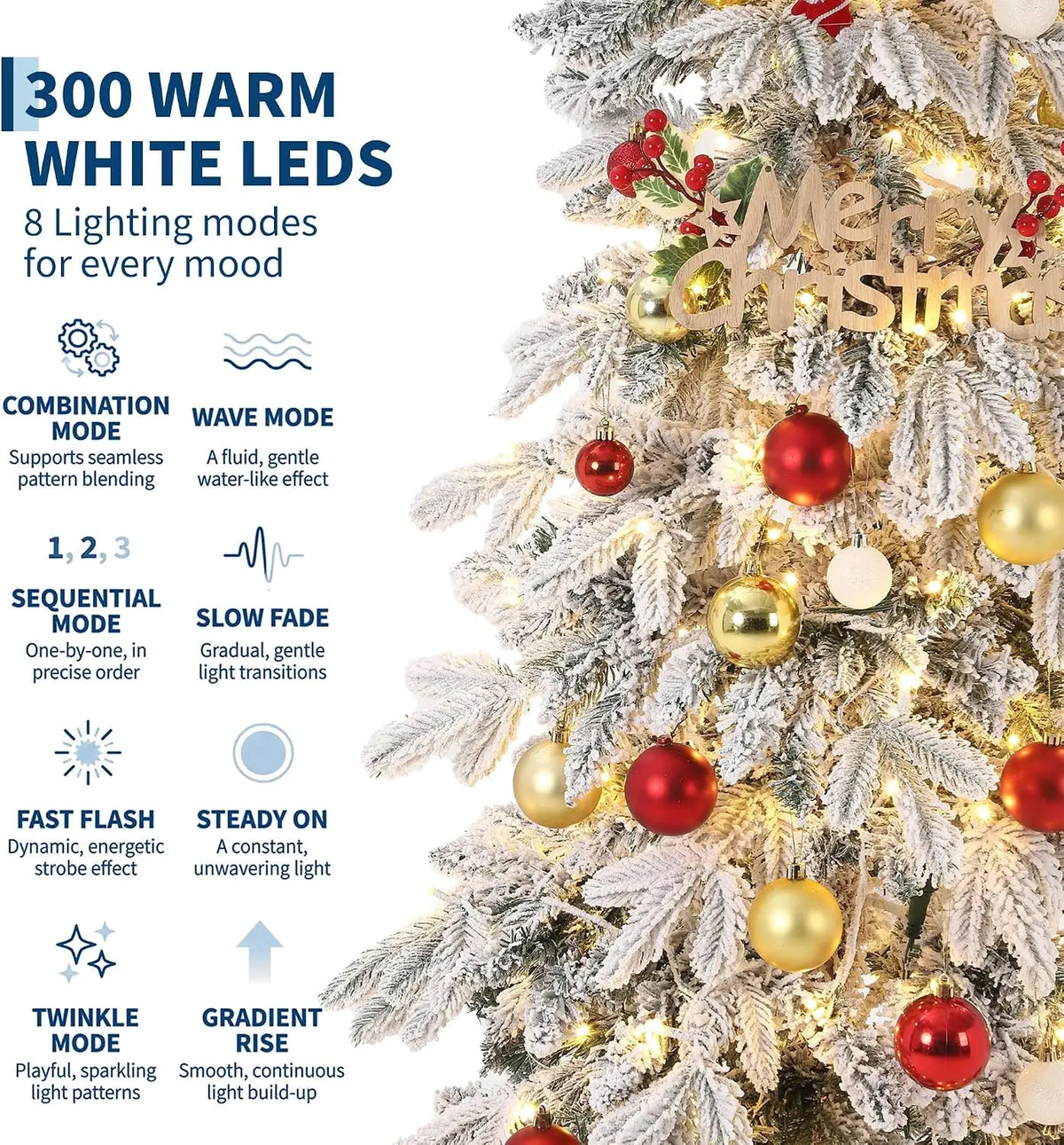 Garvee 6/7ft Pre-Lit White Snow Flocked Slim Pencil Christmas Tree PVC Realistic Tree with Metal Stand Flame Retardant Space Saving Holiday Decor Snow-Flocked Drooping Branches, 8 Light Functions, Slim Pencil Shape