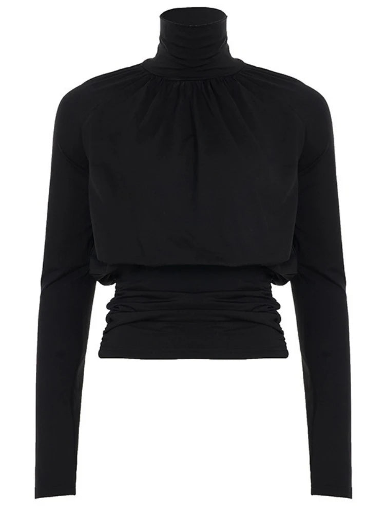 Solid Black T-Shirts for Women Elegant Clothes Turtleneck Camisetas Lady Tops Long Sleeve Ropa De Mujer Shirring Feminist Shirt