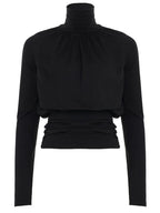 Solid Black T Shirts For Women Elegant Clothes Turtleneck Camisetas Lady Tops Long Sleeve Ropa De Mujer Shirring Feminist Shirt