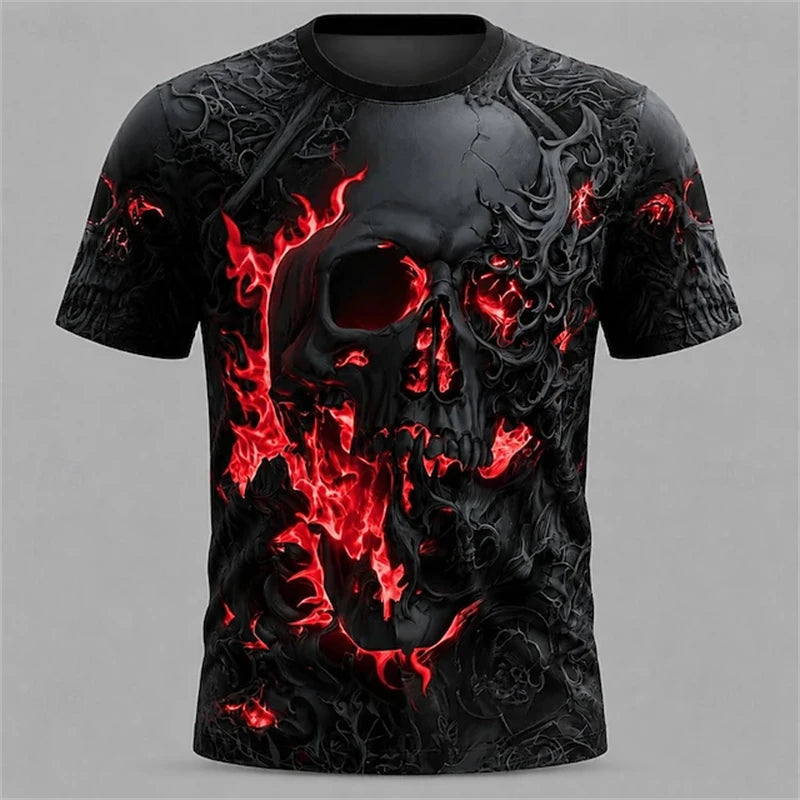 Men's Summer Skull-Printed Horror-Themed Crew-Neck T-Shirt Fashionable Trendy Street-Style Short-Sleeve Top for Halloween