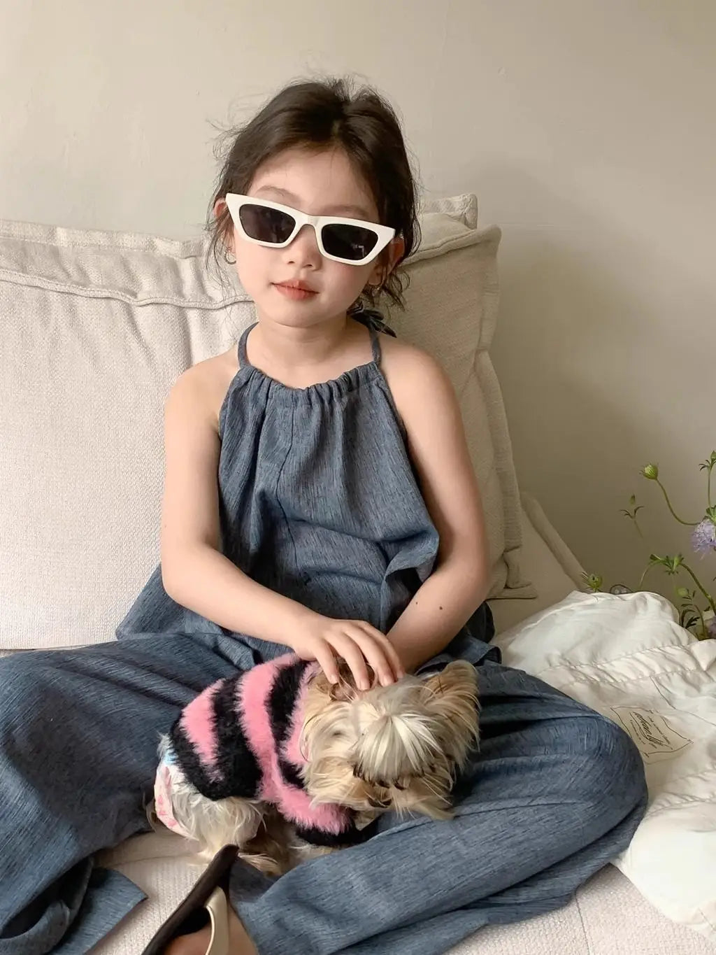 Teens Girls 2-piece Set 2025 Children's Clothing Summer New Set Outfits Baby Korean Slim Top and Blue Wide Leg Pants Casual Set