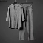 2026 Men's Two Piece Pant Sets Spring Summer Short Sleeve Shirt And Pants Outfits For Men Solid Cotton Linen Clothing Sets Male