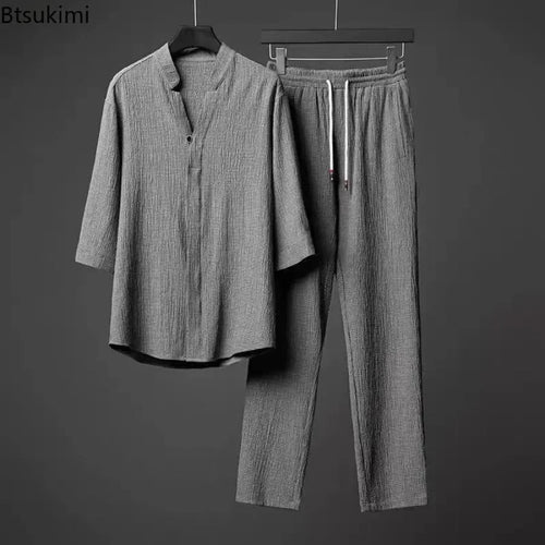 2026 Men's Two Piece Pant Sets Spring Summer Short Sleeve Shirt And Pants Outfits For Men Solid Cotton Linen Clothing Sets Male