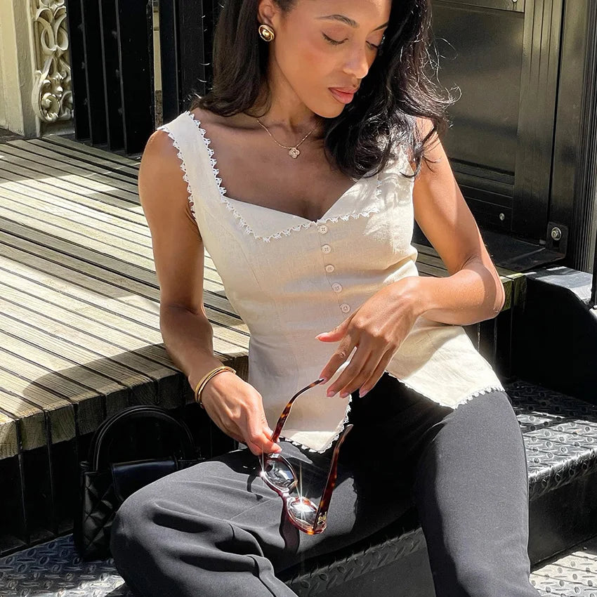 Linad Vintage Khaki Lace Spaghetti Strap Vest 2026 Elegant Square Collar Single Breasted Camis Street Chic Sleeveless Top Female