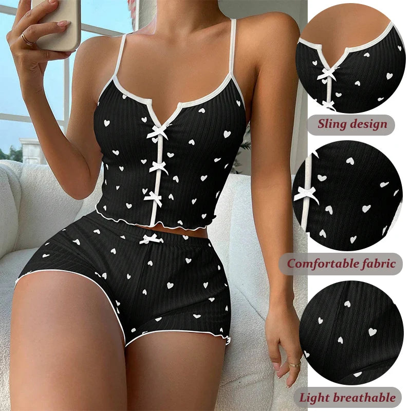 Sweet Cute Heart Pattern Two Piece Set Ladies Soft Breathable Spaghetti Strap Nightwear Summer Casual Homewear Set Ladies Pajama