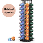 Nespresso Coffee Pods Holder Holds 60 Pods 360 Degree Rotatable Coffee Capsules Storage Rack Metal Tower Stand Home Kitchen Use