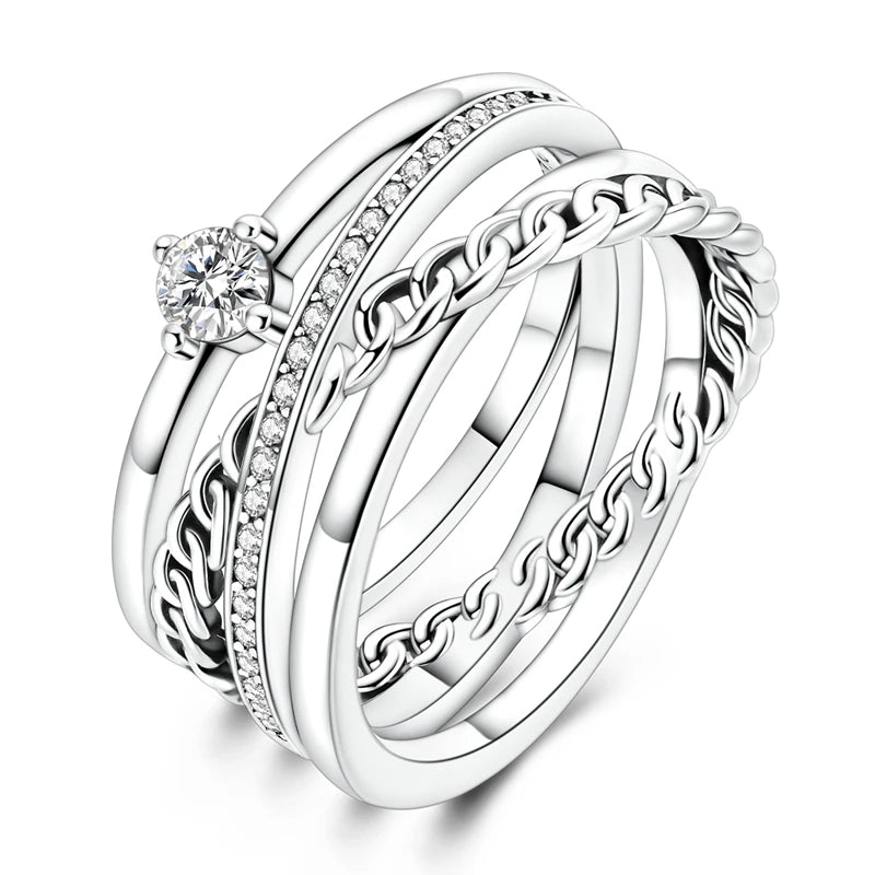 Original 925 Silver Sparkling Zircon Ring Stackable Classic Shine Stone Round Rings For Women Wedding Anniversary Jewelry Gift
