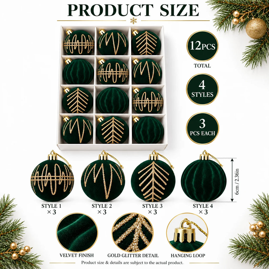 12 Pcs 6cm Emerald Velvet 4 Styles Gold Glitter Christmas Balls Shatterproof Xmas Tree Ornaments for Holiday Party Home Decor