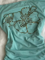 Y2k Clothes T Shirt Women Green Beading Flowers Vintage Sexy Cropped Tops Street Fashion tees Skew Collar Slim Fit Ropa De Mujer