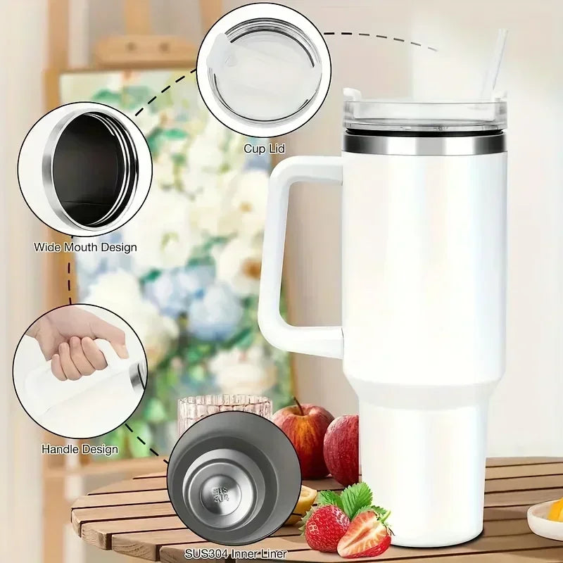 40oz Insulated Tumbler With Handle Straw 2.0 Vacuum Stainless Steel Thermal Mug For Coffee Tea Hot Cold Car Travel Cup Leakproof