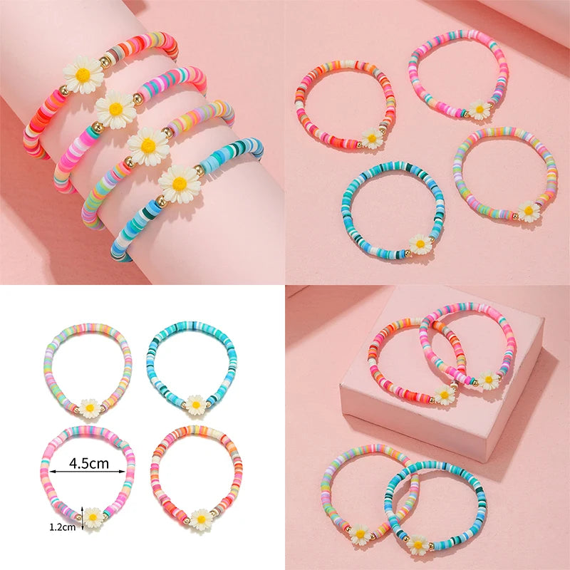 4Pcs/set Handmade Stretch Bracelets Flower Pendant Bracelet for Women Girls Party Birthday Jewelry Gift