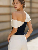 Chic One Shoulder Twisted Color Block Navy White Slim Fit Crop Blouse, Tube Top For Party & Daily Women