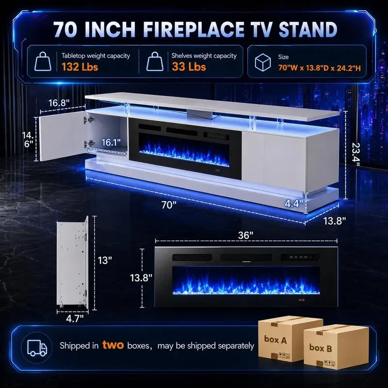 70 inch Modern TV Stand with Electric Fireplace for TVs up to 80 inches White Living Room Media Console Entertainment Center