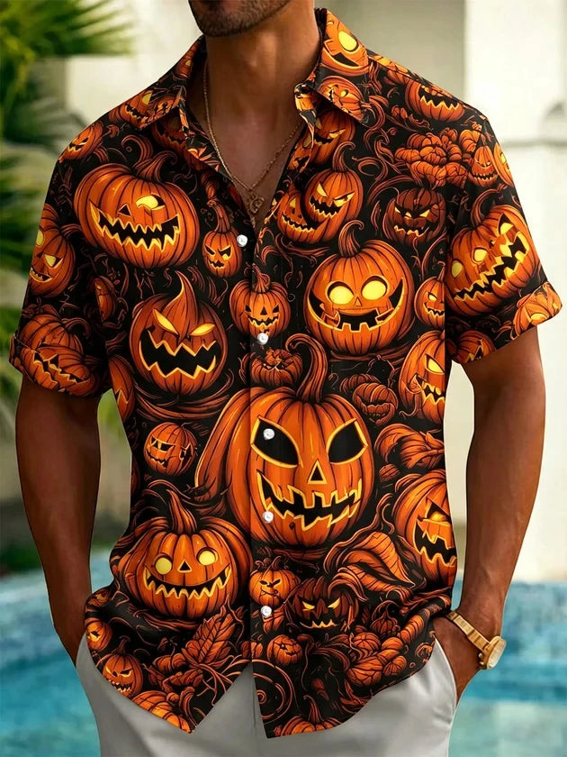 2026 New Men's Shirt Halloween Pumpkin Full Print Turn-Down Collar Short Sleeve Top Casual Streetwear Beach Vacation Men Apparel