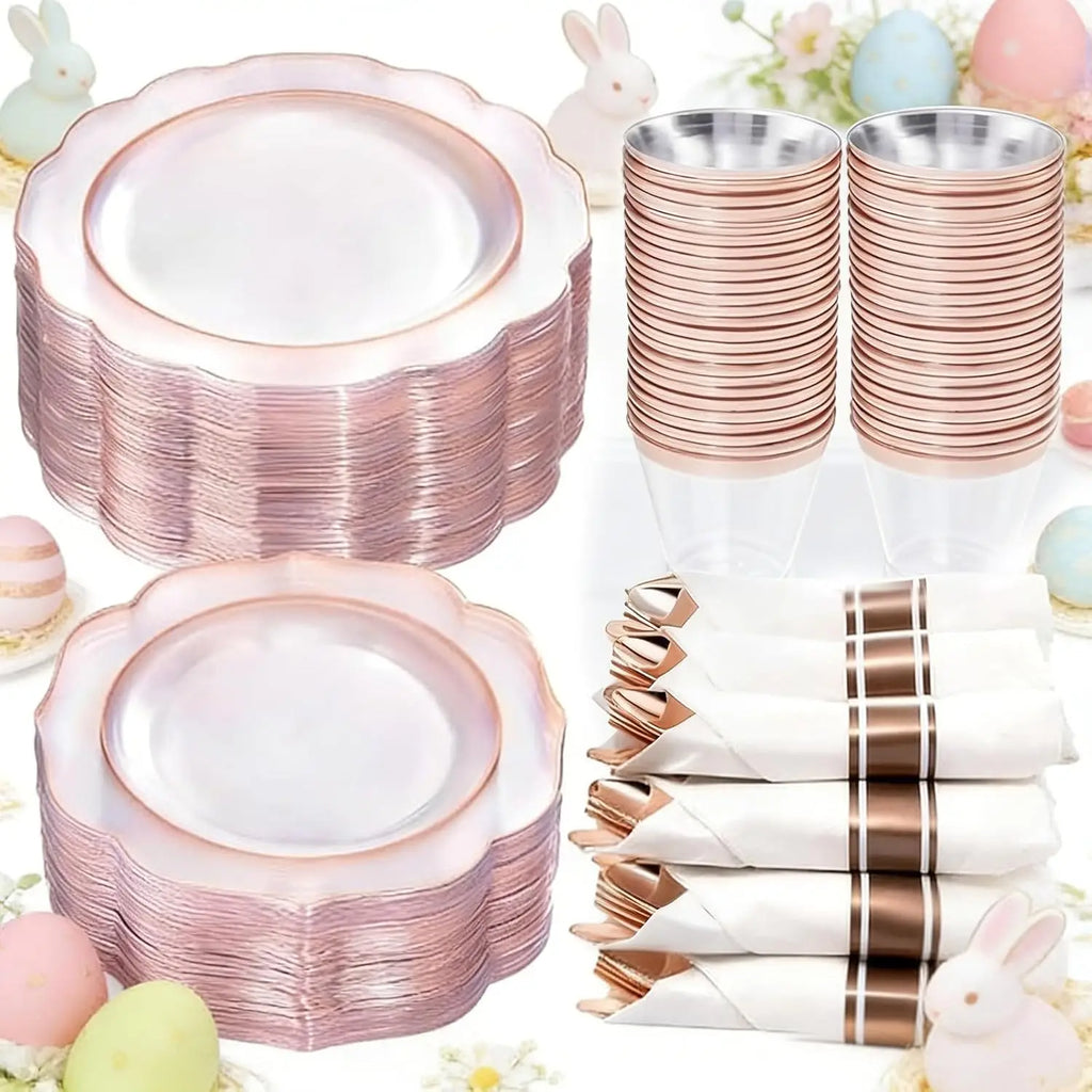 350PCS Rose Gold Plastic Plates - Clear Rose Gold Disposable Dinnerware Set - Include 100 Dinner/Dessert Plates,50 Cups,50 Pre R