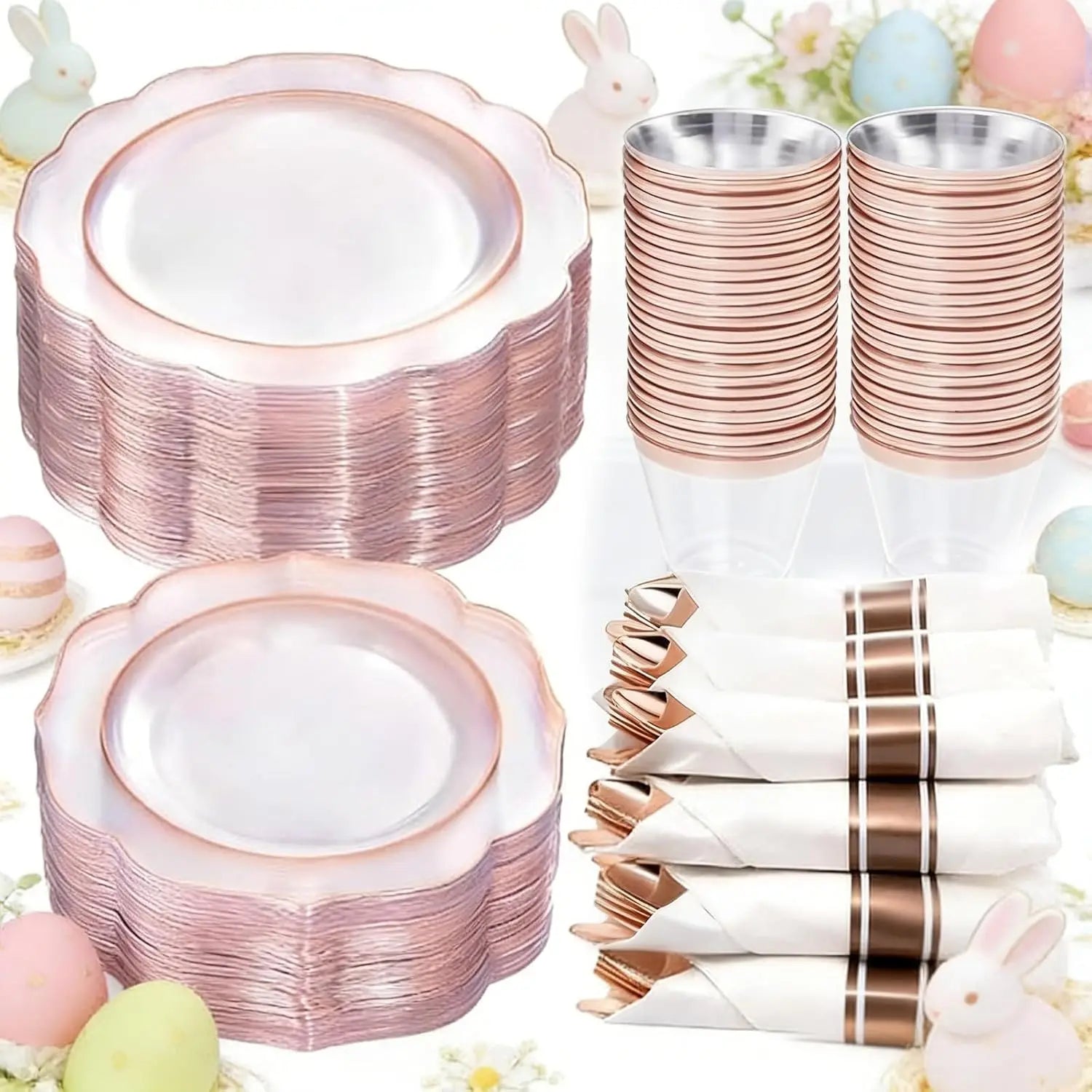 350PCS Rose Gold Plastic Plates - Clear Rose Gold Disposable Dinnerware Set - Include 100 Dinner/Dessert Plates,50 Cups,50 Pre R