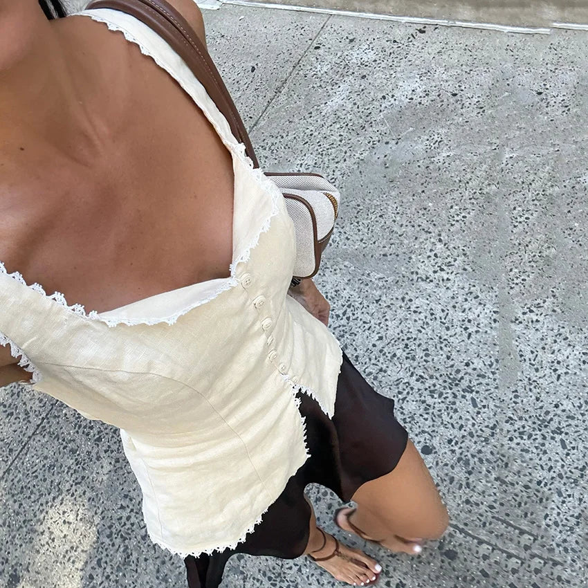 Linad Vintage Khaki Lace Spaghetti Strap Vest 2026 Elegant Square Collar Single Breasted Camis Street Chic Sleeveless Top Female