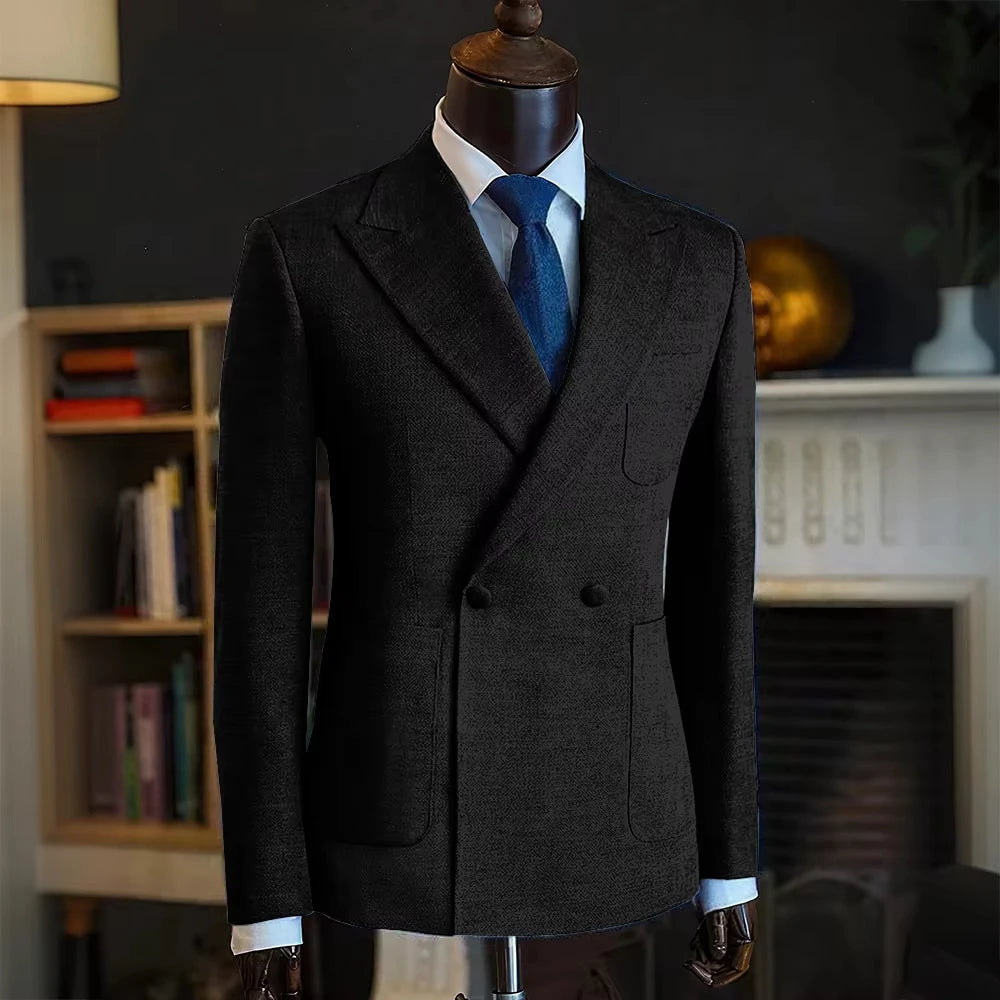 Luxury Men's Classic Suit Blazer Linen Double Breasted Notch Lapel Formal Groom Wedding Dress Jacket Lightweight Sport Coat
