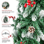 7FT 8FT Snow Flocked Artificial Christmas Tree with Pine Cones & Red Berries, Hinged Xmas Tree with Foldable Metal Stand for Indoor Holiday Home Decor