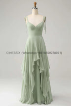 Mint Green Chiffon A-line Bridesmaid Dresses V-neck Bow Spaghetti Straps Layered Ruffle Evening Gown Elegant Wedding Party Dress