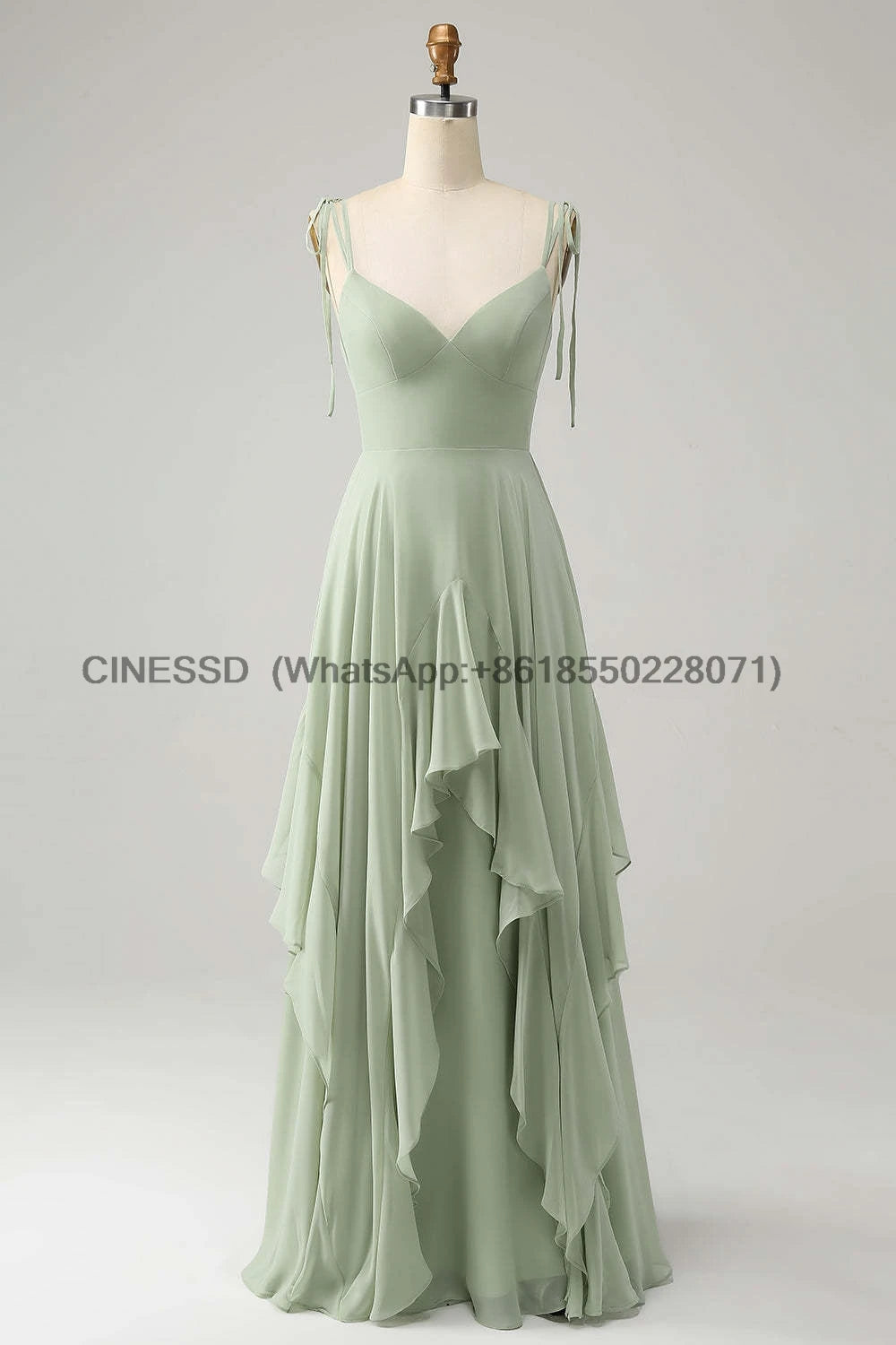 Mint Green Chiffon A-line Bridesmaid Dresses V-neck Bow Spaghetti Straps Layered Ruffle Evening Gown Elegant Wedding Party Dress