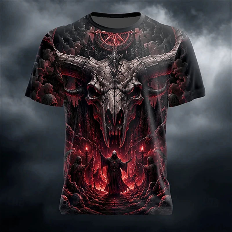 Men's Summer Skull-Printed Horror-Themed Crew-Neck T-Shirt Fashionable Trendy Street-Style Short-Sleeve Top for Halloween