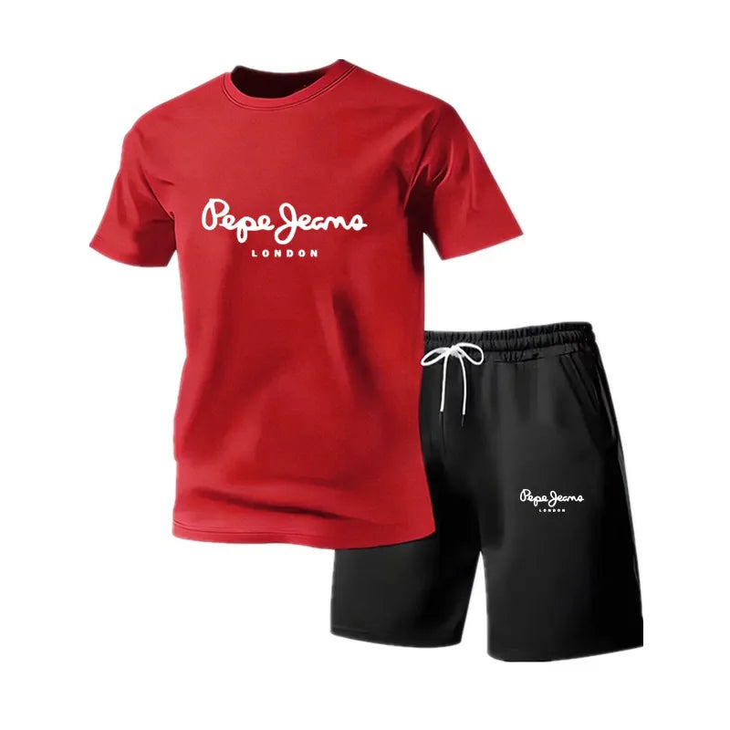 New summer fitness sportswear for men, short-sleeved T-shirt and shorts two-piece set, breathable and quick-drying casual wear.