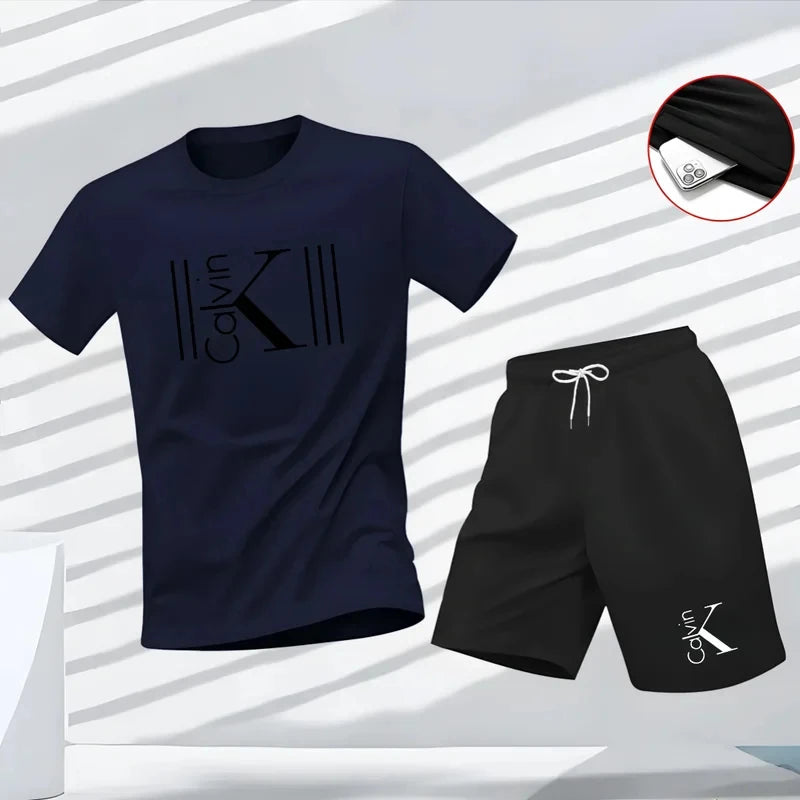 New summer fitness sportswear for men, short-sleeved T-shirt and shorts two-piece set, breathable and quick-drying casual wear.