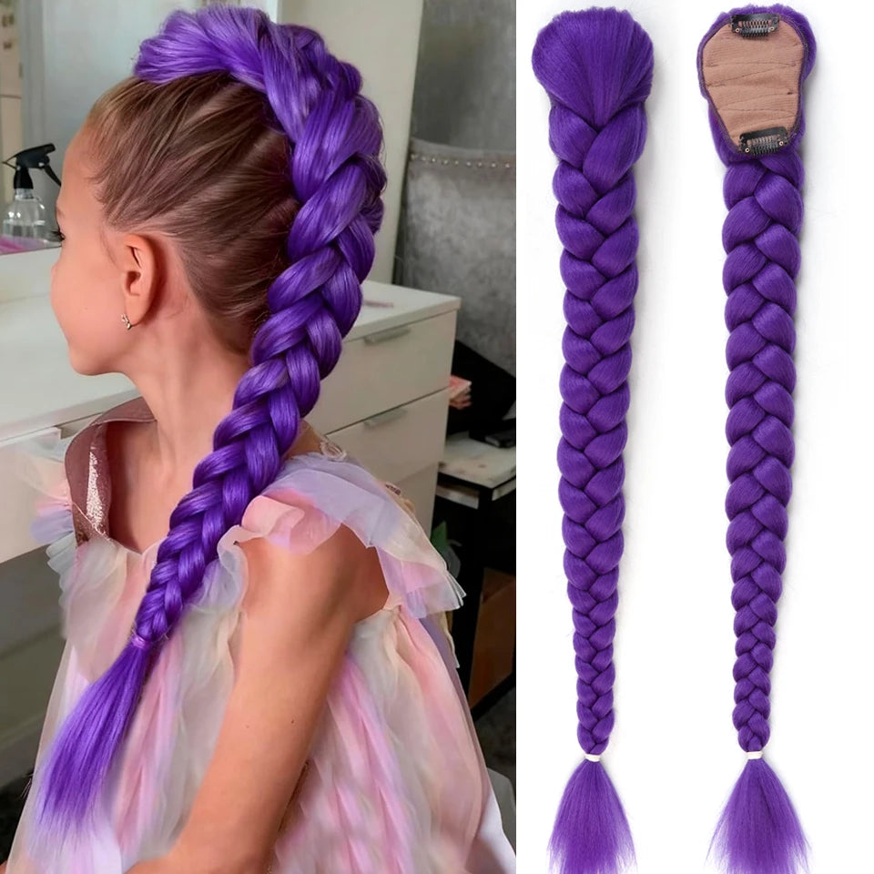 Synthetic Braided Purple Hair Ponytail Rumo Costume Hairstyle 26inch Long Ponytail with Clips for Kids Girls Halloween Christmas