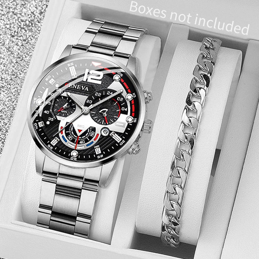 2PCS Men Business Watches Fashion Steel Band Male Analog Quartz Watch Bracelet Set Relogio Masculino Reloj Hombre（Without Box）
