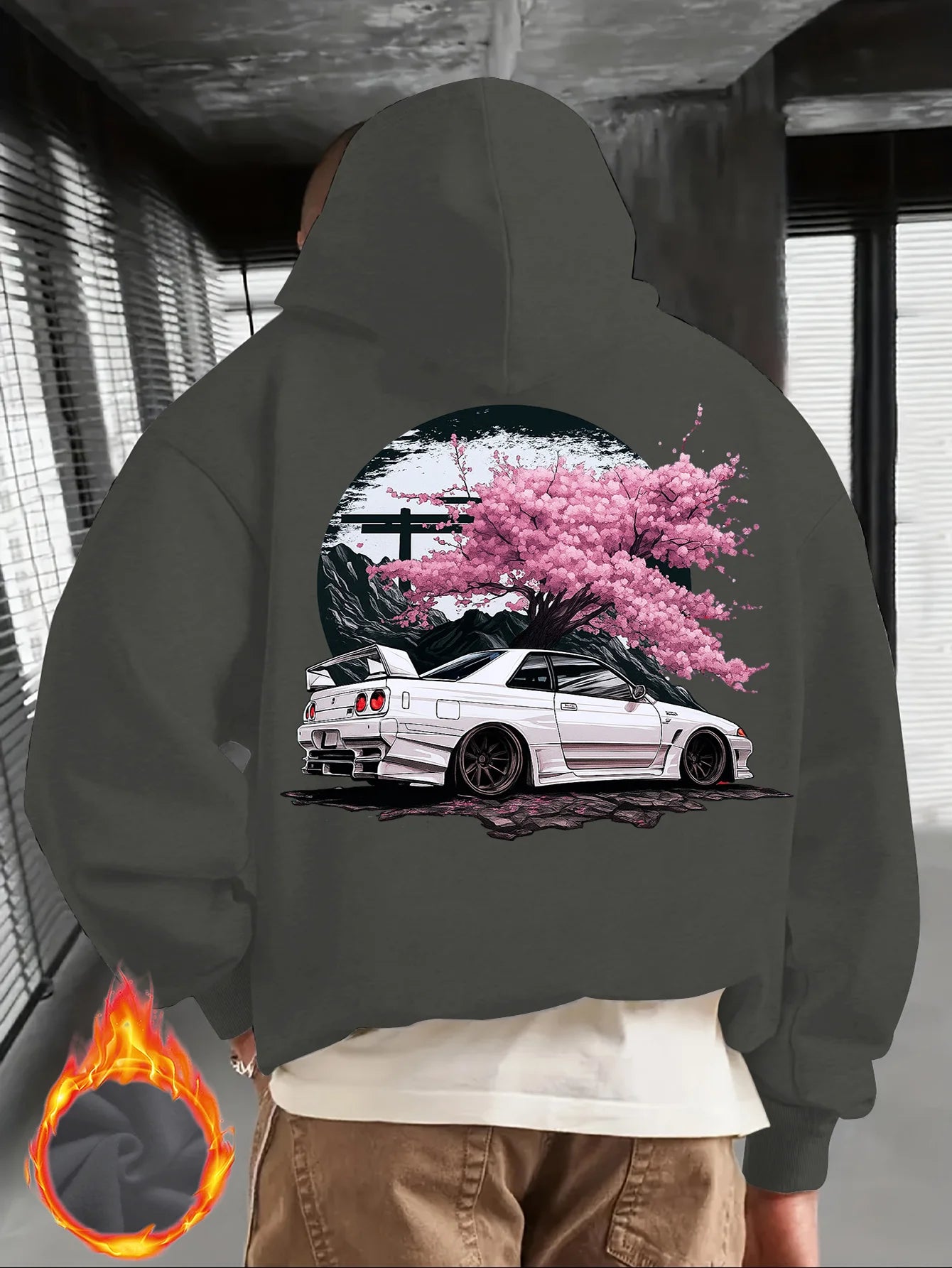 Men's Black Hoodie with White JDM Car and Pink Cherry Blossom Back Print, Japanese Street Style Pullover