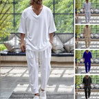 2026 Men Two Piece Sets Fashion Solid Tracksuits Summer Half Sleeve V-neck T-Shirt and Pants Loose Casual Outfit Male Streetwear