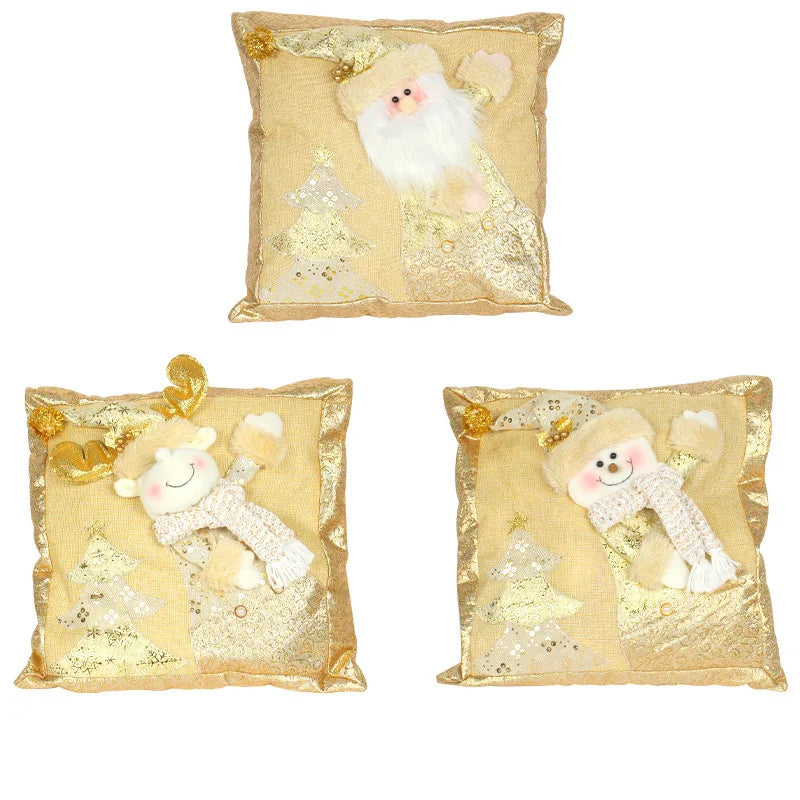 Christmas Gold Embroidered Cushion Cover Snowman Elk Santa Claus Three-dimensional Embroidered Pillowcase Holiday Home Decor