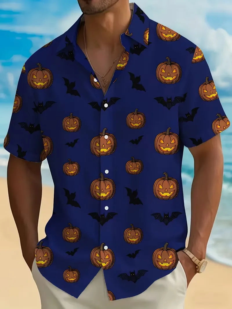 Men Halloween Headless Horseman Print Aloha Shirt Short Sleeve Button Down Spooky Pumpkin Horse Graphic Hawaiian Shirts Tops