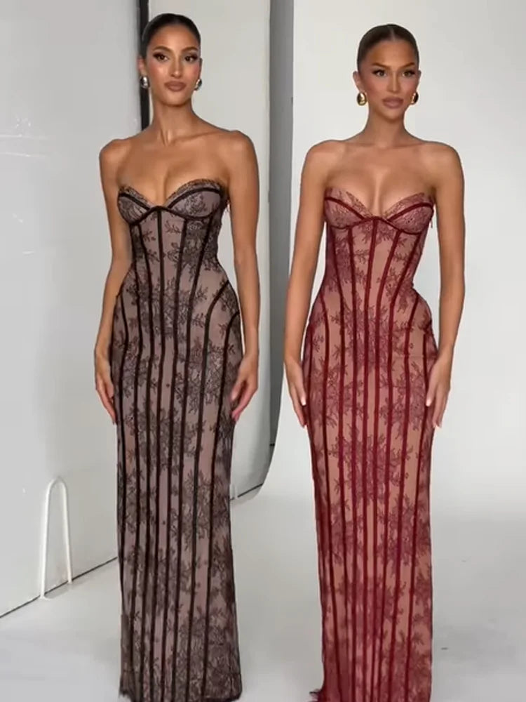 Women Gauze Fishbone Strapless Dress Chic Backless Off-shoulder Waist Cinching Slim Maxi Vestidos 2026 Lady Evening Party Gowns