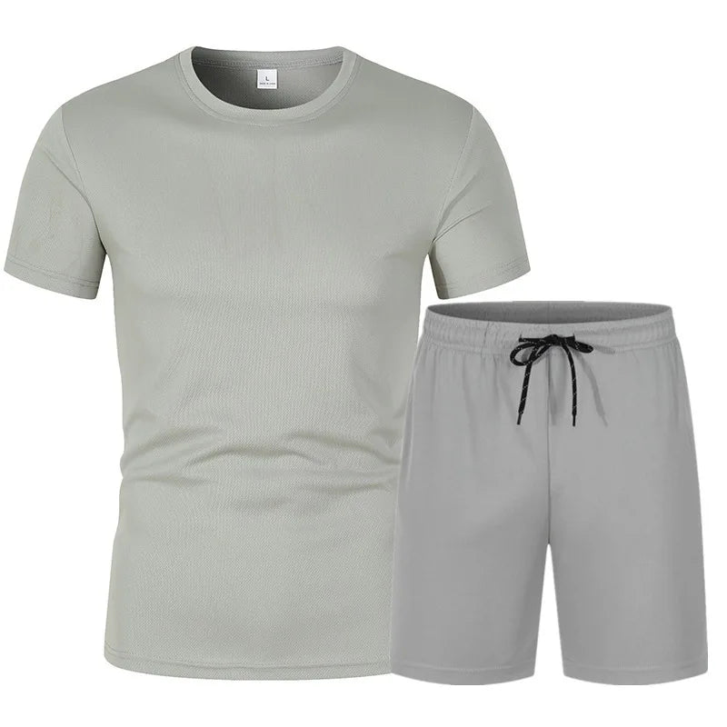 2026 Men's running Sets Short Sleeve T-shirt+Shorts 2-piece Sets Slim Fit Mesh Breathable Jogging Gym Sportswear Clothing summer