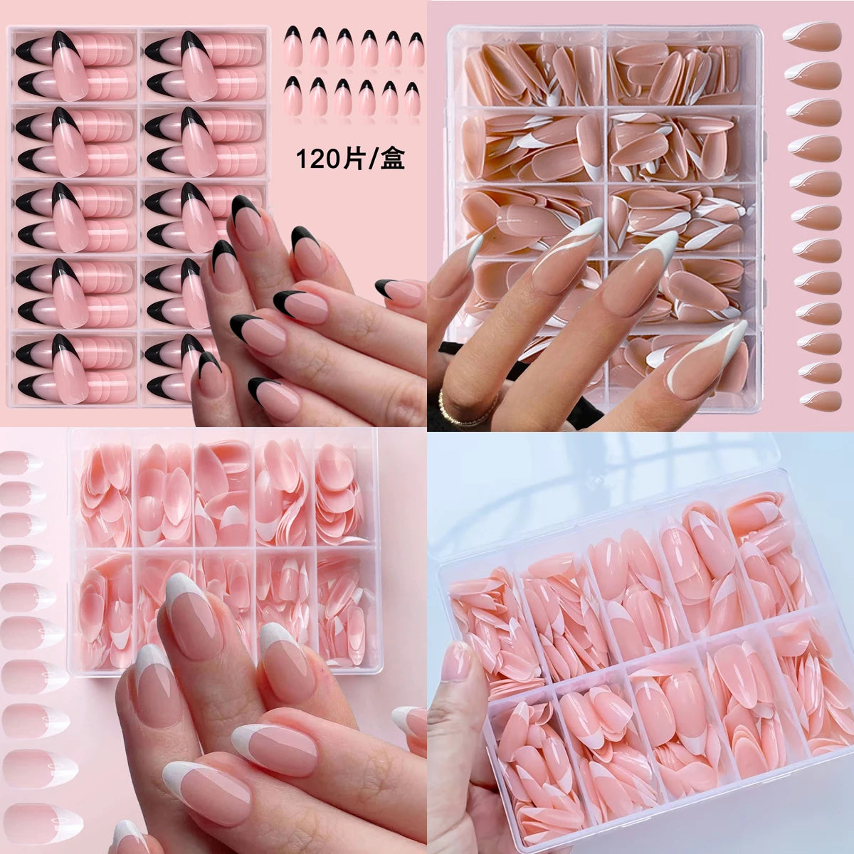120Pc Almond-Shaped French Tip False Nails - Full Coverage Press- Nails with Nude/Pink Striped or Solid Tips Weddings Daily Wear