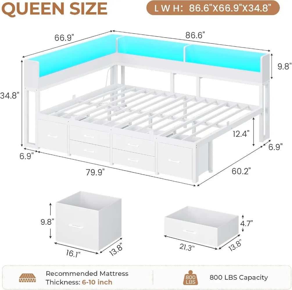 Corner Bed Frame Queen with Storage 6 Drawers, Daybed with Storage Bookcase | Daybed with LED Lights and Charging Station