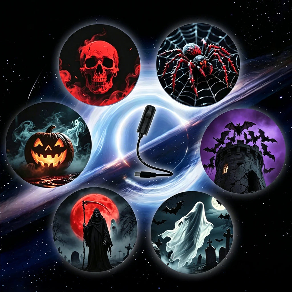 Halloween Projector Light 6 Patterns Mini LED Spooky Projection Lamp Bat Skull Ghost Spider Atmosphere Light Home Party Decor