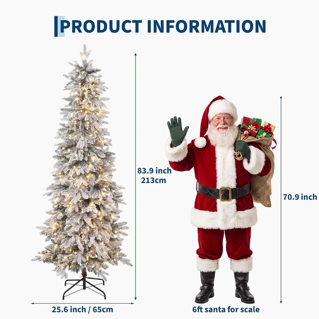 Garvee 6/7ft Pre-Lit White Snow Flocked Slim Pencil Christmas Tree PVC Realistic Tree with Metal Stand Flame Retardant Space Saving Holiday Decor Snow-Flocked Drooping Branches, 8 Light Functions, Slim Pencil Shape