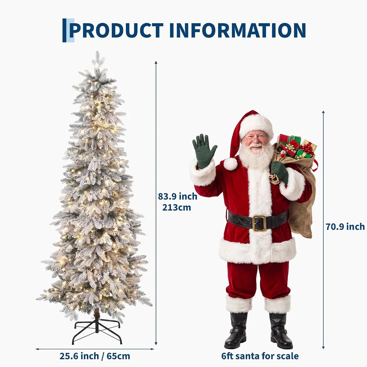 Garvee 6/7ft Pre-Lit White Snow Flocked Slim Pencil Christmas Tree PVC Realistic Tree with Metal Stand Flame Retardant Space Saving Holiday Decor Snow-Flocked Drooping Branches, 8 Light Functions, Slim Pencil Shape