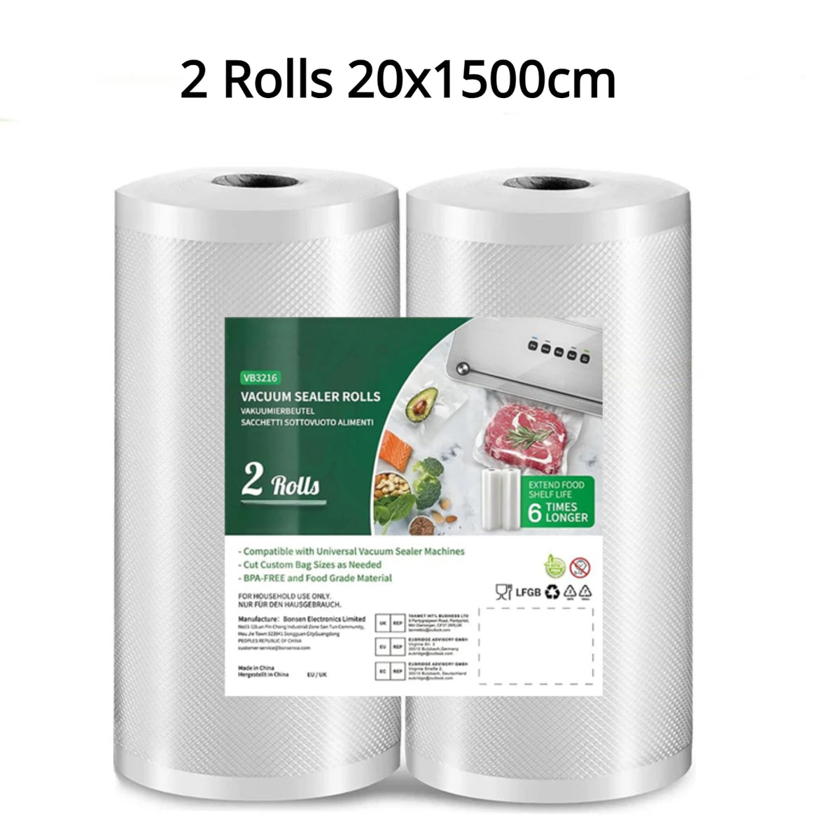 2 Roll Vacuum Packaging Sealer Bags for Food Fresh Long Keeping, 20cm Wide Food Preservation and Vacuum Cooking Embossed Bag