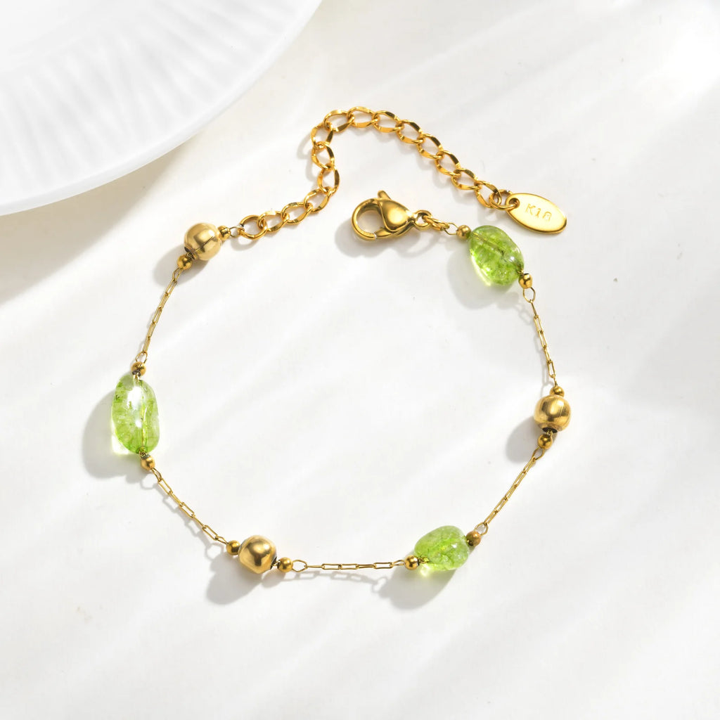 Fashion Green Natural Stone Bracelets for Women Stainless Steel Spacer Bead Bracelet 18K Gold Plated Jewelry Gift