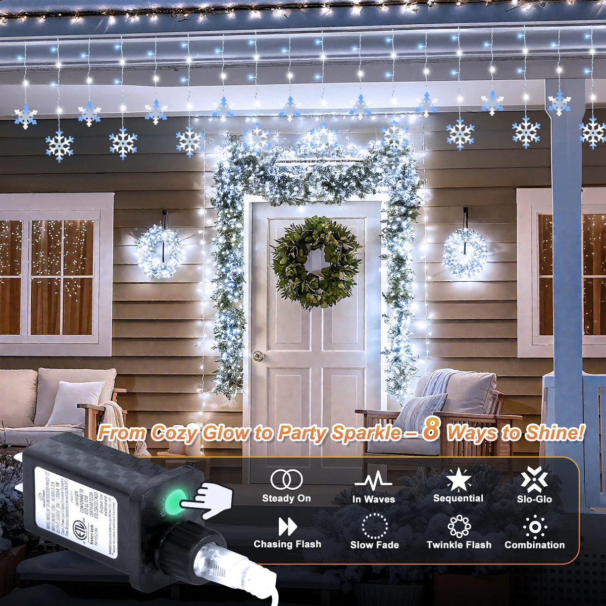 Snowflake Christmas String Lights 13Ft 192 LED, 8 Modes Window Lights with Timer & Memory, 3-Set Connectable Waterproof for Bedroom Wall Wedding Party Decor, Warm White