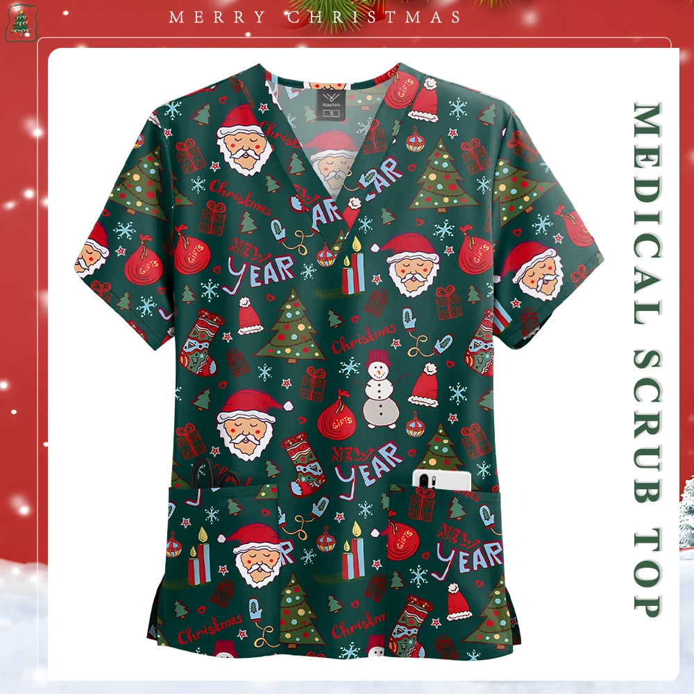 Women Men Christmas Scrubs Top Short Sleeve Pockets Surgery Blouse V-neck Medical Clothes Unisex Spa Dental Vet Surgical Uniform