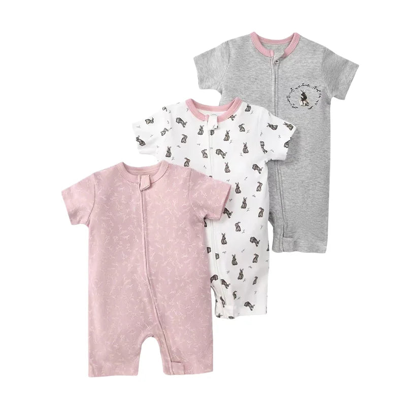 3Pcs/lot New Zipper Infant Baby Girl Boy Clothes Cartoon Short Sleeve Cotton Baby Romper Clothing For Newborn Jumpsuit 6-24 M