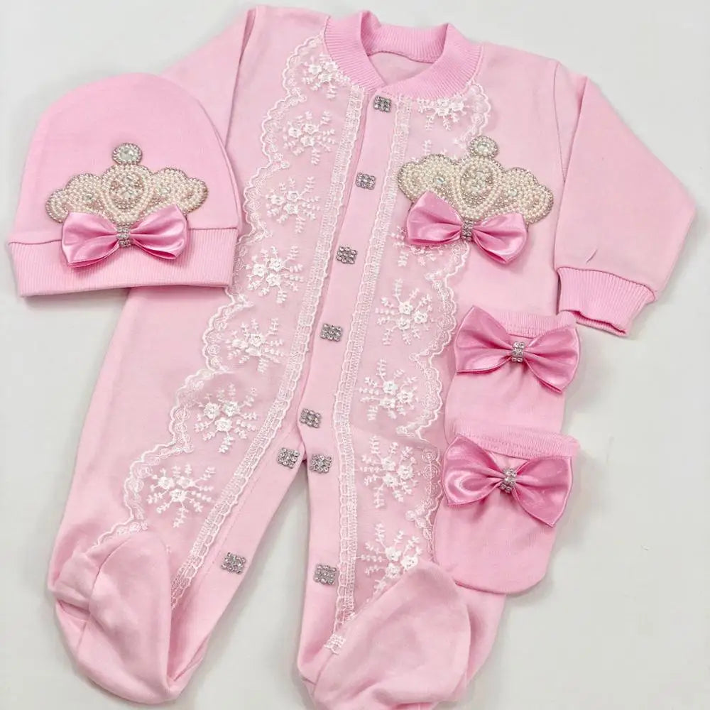 Baby Girl Coming Home Outfits Set Personalized Name Jewelry Crown Clothing Vintage Croche Infant Care Products Body Suit Pajamas